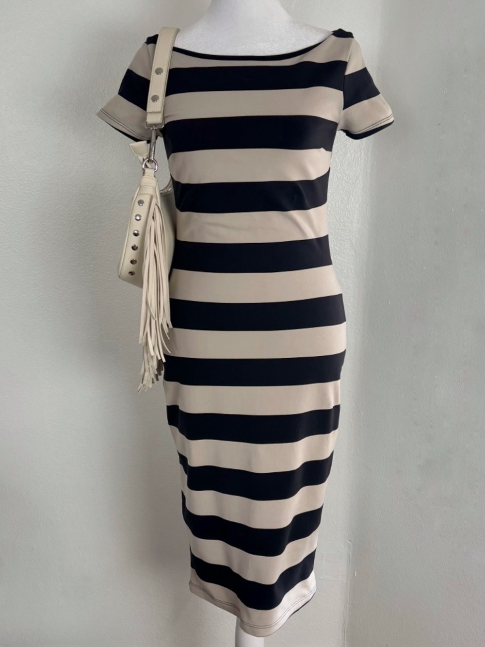 Bebe Black Cream Striped Bodycon Midi Dress Size Small Made in USA